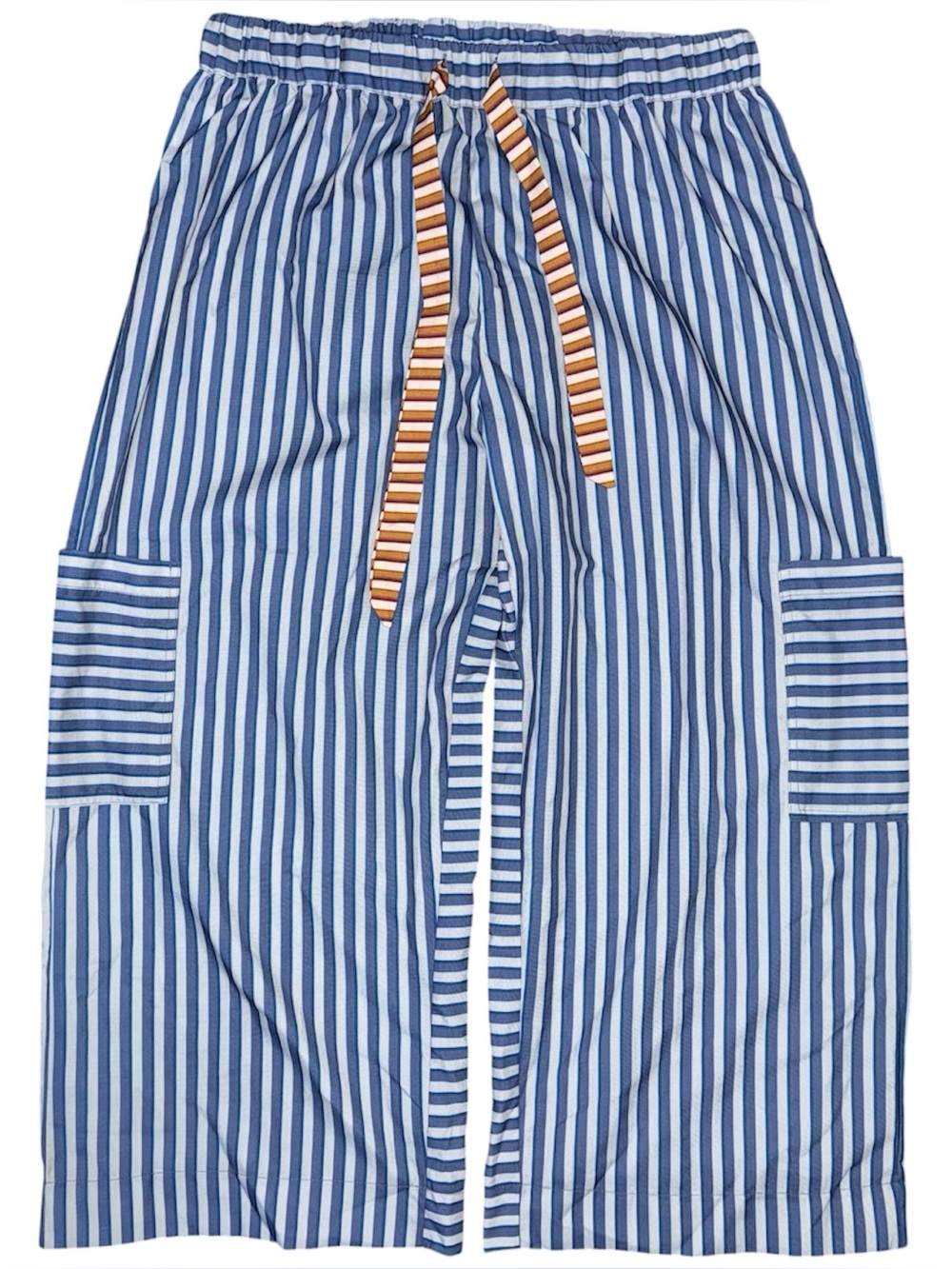 Contrast Drawstring Blue Striped Wide Leg Utility Cargo Pants Boho Beach Palazzo